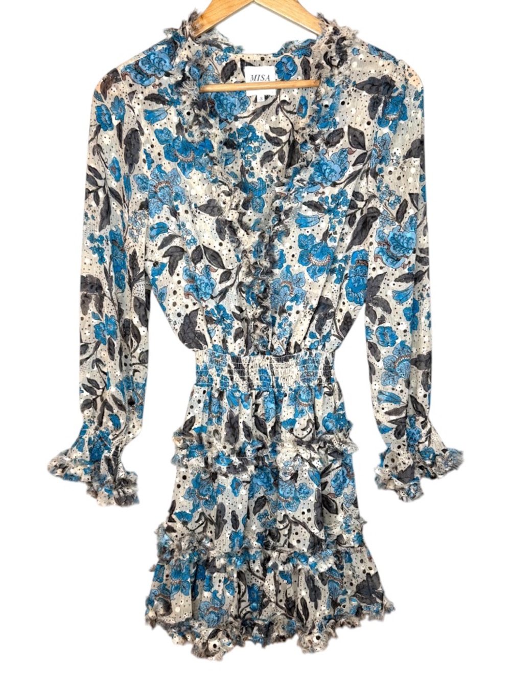 MISA Los Angeles Blue Floral Ruffle Mini Dress Boho Romantic Small